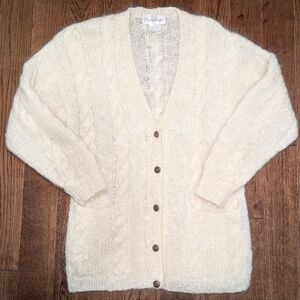 Vintage Women's Ivory Cable Knit Cardigan Mohair Blend Size Large